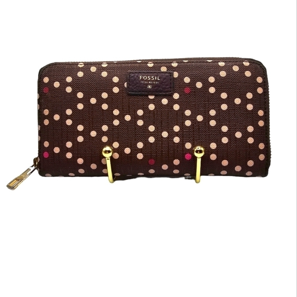 Fossil Brown Polka-dot Zipper Wallet man made outside with leather trim